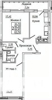 2-к квартира, строящийся дом, 64м2, 6/10 этаж