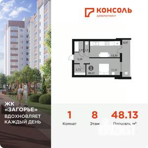 1-к квартира, вторичка, 48м2, 8/10 этаж