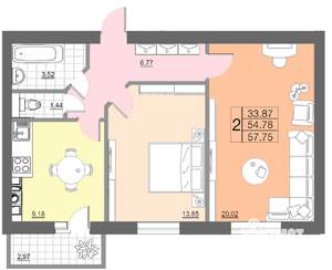 2-к квартира, строящийся дом, 58м2, 5/10 этаж