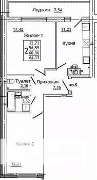 2-к квартира, строящийся дом, 65м2, 1/10 этаж