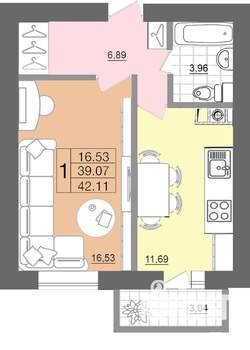 1-к квартира, строящийся дом, 42м2, 1/5 этаж