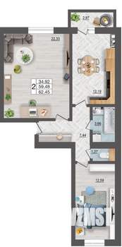 2-к квартира, строящийся дом, 62м2, 1/10 этаж