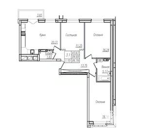 3-к квартира, строящийся дом, 88м2, 5/16 этаж