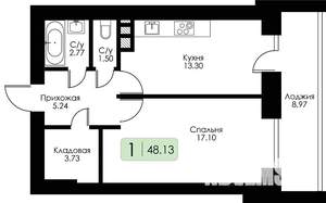 1-к квартира, строящийся дом, 48м2, 2/10 этаж