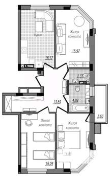 3-к квартира, строящийся дом, 88м2, 8/16 этаж