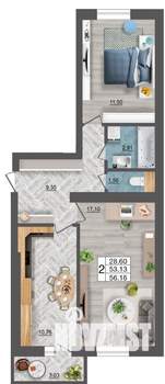 2-к квартира, строящийся дом, 56м2, 3/10 этаж