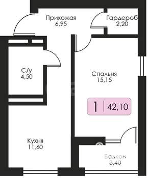 1-к квартира, вторичка, 42м2, 2/10 этаж