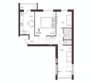 3-к квартира, вторичка, 72м2, 4/10 этаж