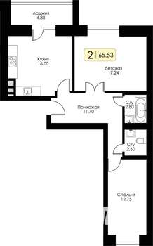 2-к квартира, строящийся дом, 66м2, 1/10 этаж