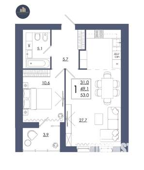 1-к квартира, строящийся дом, 53м2, 2/16 этаж
