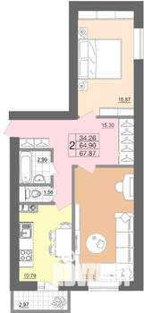 2-к квартира, строящийся дом, 68м2, 2/7 этаж