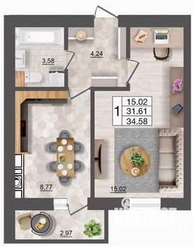 1-к квартира, вторичка, 34м2, 9/10 этаж