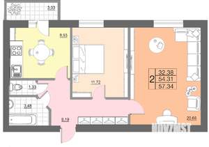 2-к квартира, строящийся дом, 57м2, 7/10 этаж
