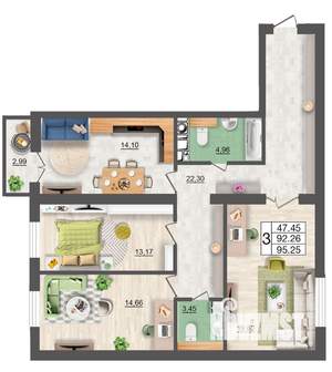 3-к квартира, строящийся дом, 95м2, 7/10 этаж