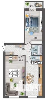 2-к квартира, строящийся дом, 64м2, 9/10 этаж