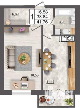 1-к квартира, строящийся дом, 42м2, 2/10 этаж