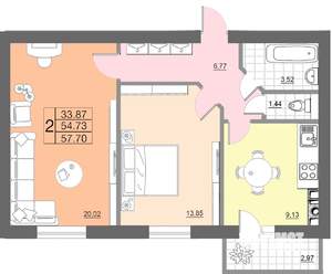 2-к квартира, строящийся дом, 58м2, 8/10 этаж
