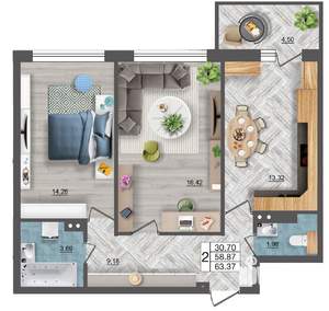 2-к квартира, вторичка, 63м2, 15/18 этаж