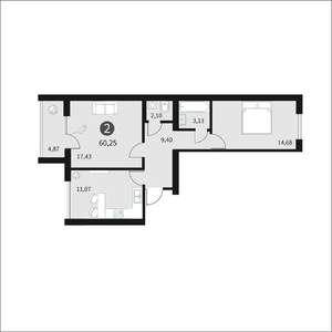 2-к квартира, строящийся дом, 60м2, 10/10 этаж