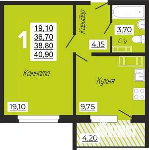 1-к квартира, строящийся дом, 40м2, 7/10 этаж