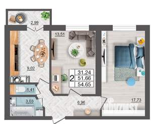 2-к квартира, строящийся дом, 55м2, 2/10 этаж