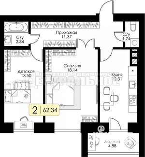 2-к квартира, вторичка, 62м2, 1/10 этаж