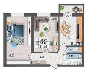 2-к квартира, строящийся дом, 55м2, 2/10 этаж