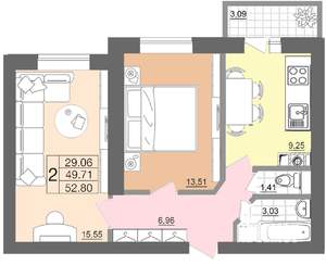 2-к квартира, строящийся дом, 53м2, 1/5 этаж