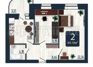 2-к квартира, вторичка, 64м2, 2/9 этаж