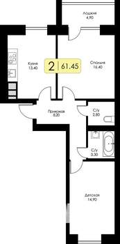 2-к квартира, строящийся дом, 61м2, 8/10 этаж