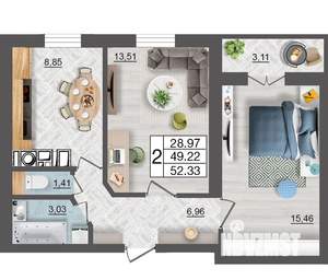 2-к квартира, строящийся дом, 52м2, 4/10 этаж