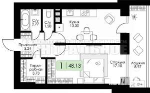 1-к квартира, сданный дом, 48м2, 2/10 этаж