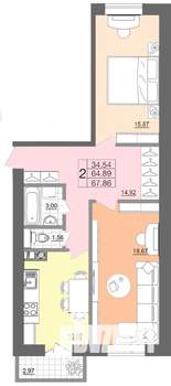 2-к квартира, строящийся дом, 68м2, 1/10 этаж