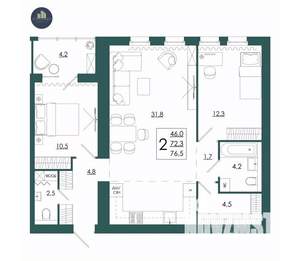 2-к квартира, строящийся дом, 77м2, 2/16 этаж