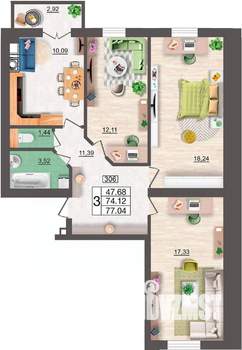 3-к квартира, строящийся дом, 77м2, 2/10 этаж