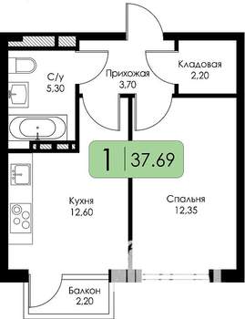 1-к квартира, строящийся дом, 38м2, 9/15 этаж