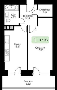 1-к квартира, строящийся дом, 47м2, 9/10 этаж
