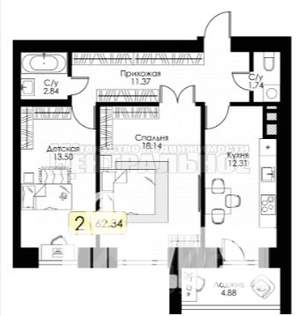 2-к квартира, вторичка, 62м2, 8/10 этаж