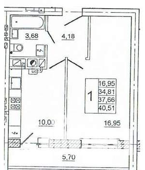 1-к квартира, вторичка, 41м2, 9/10 этаж