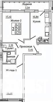 2-к квартира, строящийся дом, 64м2, 3/10 этаж