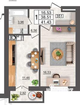 1-к квартира, строящийся дом, 41м2, 2/10 этаж