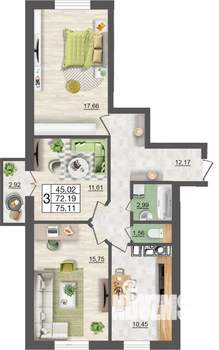 3-к квартира, строящийся дом, 75м2, 4/10 этаж