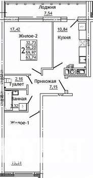 2-к квартира, строящийся дом, 64м2, 10/10 этаж