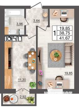 1-к квартира, строящийся дом, 42м2, 3/10 этаж
