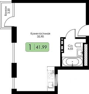 1-к квартира, строящийся дом, 42м2, 3/15 этаж