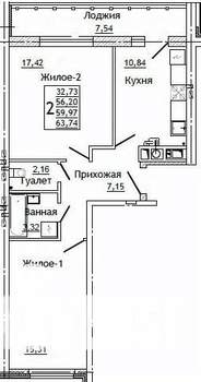 2-к квартира, строящийся дом, 64м2, 9/10 этаж
