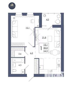 1-к квартира, строящийся дом, 54м2, 15/16 этаж