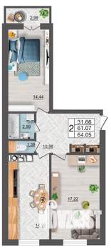 2-к квартира, строящийся дом, 64м2, 9/10 этаж