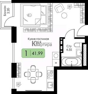 1-к квартира, сданный дом, 42м2, 4/5 этаж