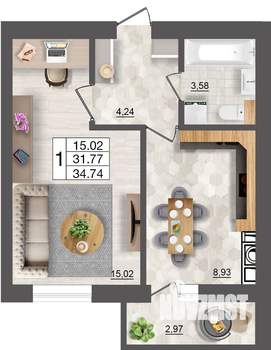 1-к квартира, строящийся дом, 35м2, 1/10 этаж